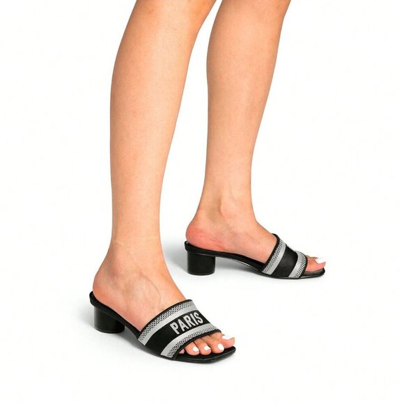 Black Glamorous Women's Glittery Chunky Heeled Square Toe Mule Sandals - Picture 7 of 7